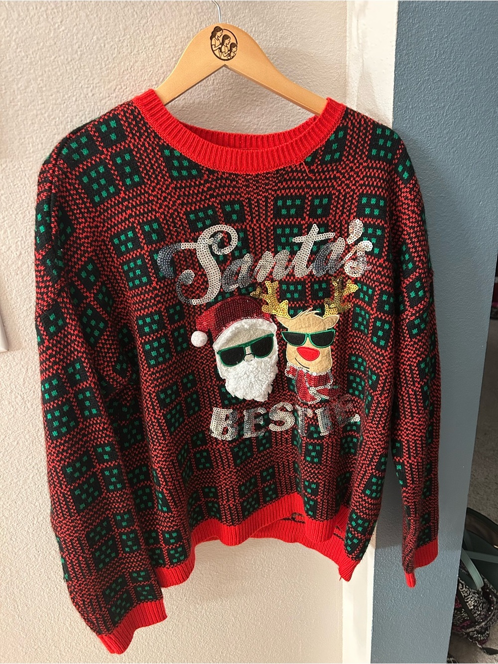 No Boundaries Red & Green Holiday Crewneck Sweater with Santa & Reindeer